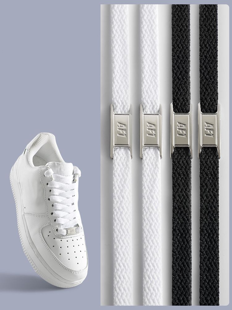 Sneaker Care Accessories - เชือกผูกรองเท้าแบบแบนสีดำขาวคลาสสิก พร้อมหัวเข็มขัดโลหะ สำหรับตกแต่งรองเท้าและรองเท้าผ้าใบ อุปกรณ์เสริมรองเท้า