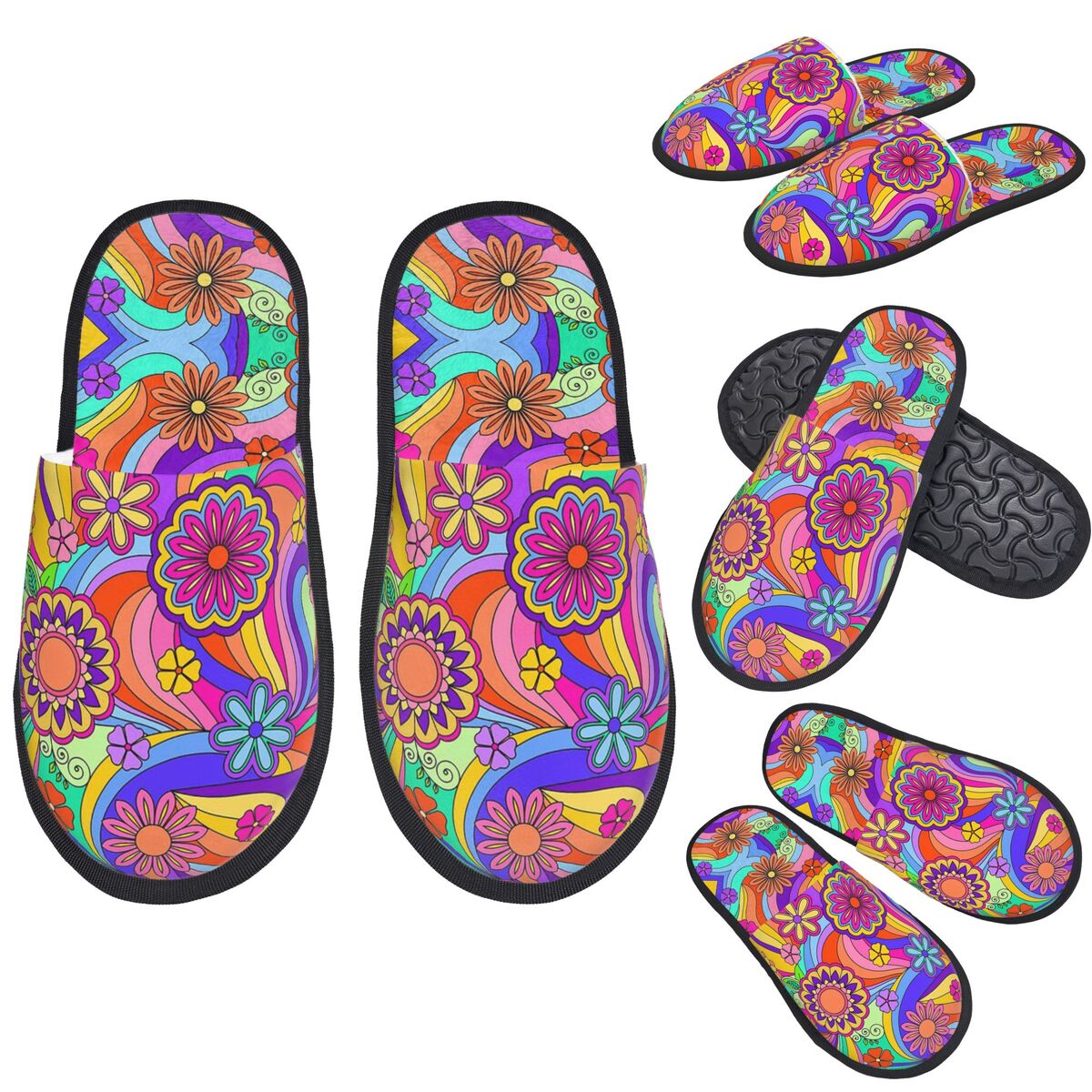Insole Memory Foam - รองเท้าแตะลายดอกไม้สไตล์กรูวี่ไซคีเดลิกแบบกำหนดเอง รองเท้าแตะเมมโมรี่โฟมนุ่ม อุ่น สบายสำหรับผู้หญิง รองเท้าใส่ในบ้าน
