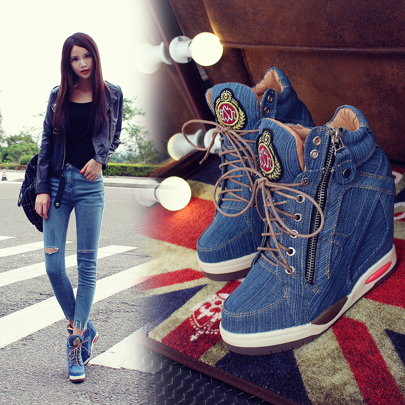 Sneaker Zone - ผู้หญิงขนาดใหญ่ DENIM Wedges รองเท้าผ้าใบฤดูใบไม้ร่วงแฟชั่นสบายๆสุภาพสตรีซิปด้านข้าง Vulcanized รองเท้าหนาด้านล่างรองเท้าส้นสูง